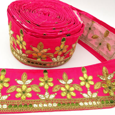 Radical Red Art Silk Fabric Trim, Green & Gold Floral Embroidery Gota Patti Indian Sari Border Trim By Yard Decorative Trim Craft Lace